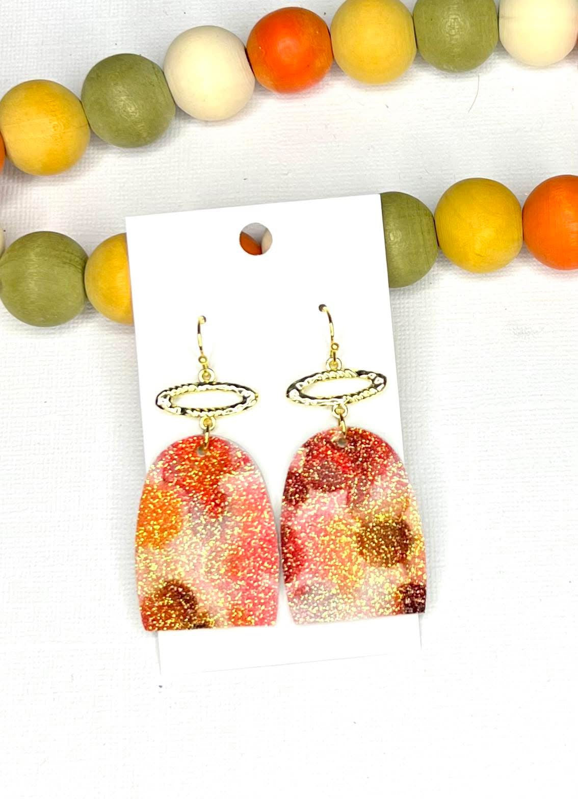 GLITTER GOLD OVAL SQUATTED HARDWARE RUST/RED/PEACH/TAN/BROWN WARM TONED COLORS LEATHER HANDMADE EARRINGS BY B.O.D