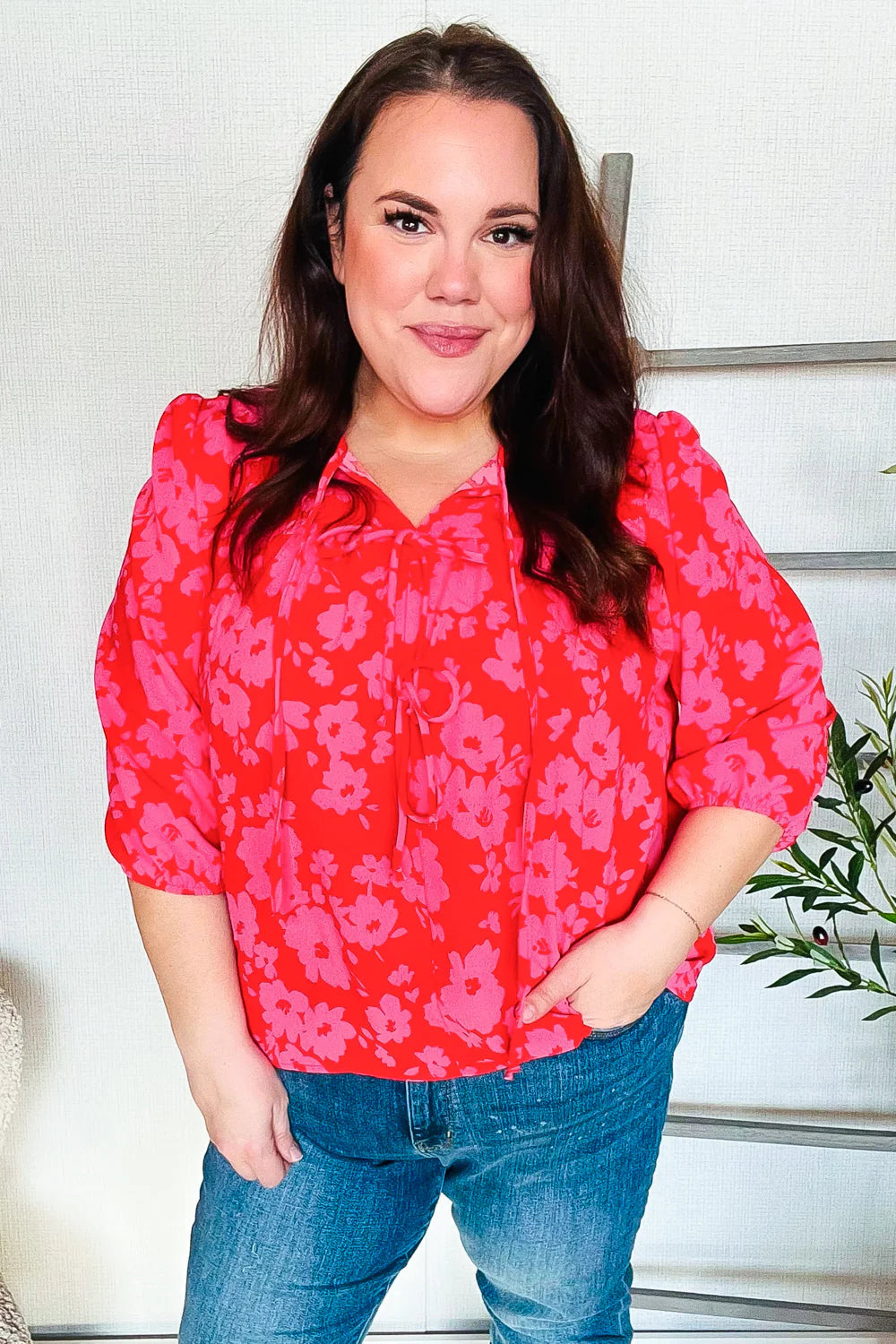 RED PINK RIBBON BOW FLORAL WOVEN TOP
