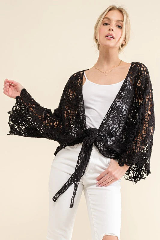 BLACK CROCHET TIE HEM CARDIGAN