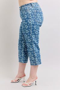 HIGH WAIST FLOWER PRINT CROPPED WIDE LEG JUDY BLUE DENIM MEDIUM WASH