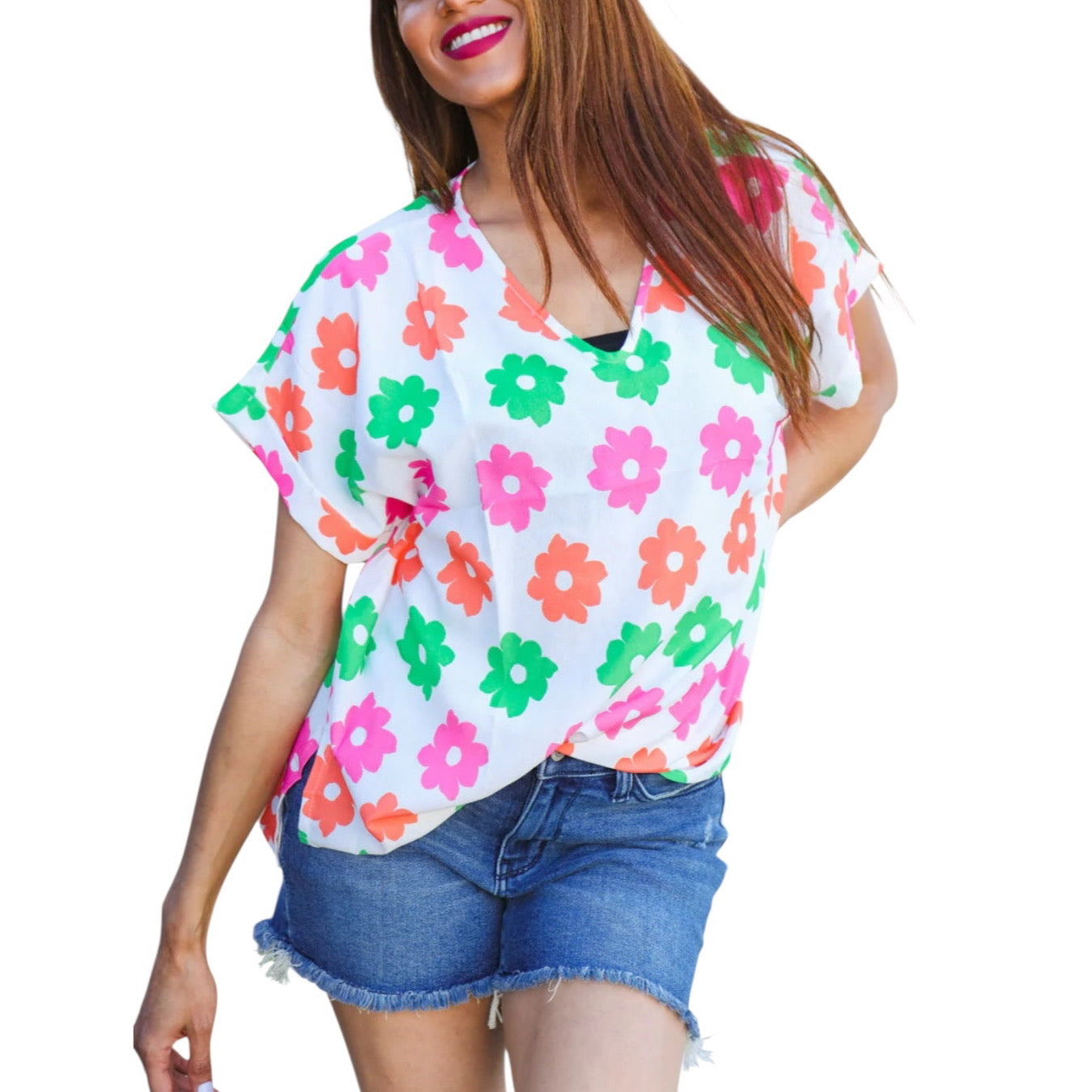 IVORY CORAL GREEN PINK FLORAL DOLMAN TOP- PLUS- SALE- 1X, 2X & 3X AVAILABLE