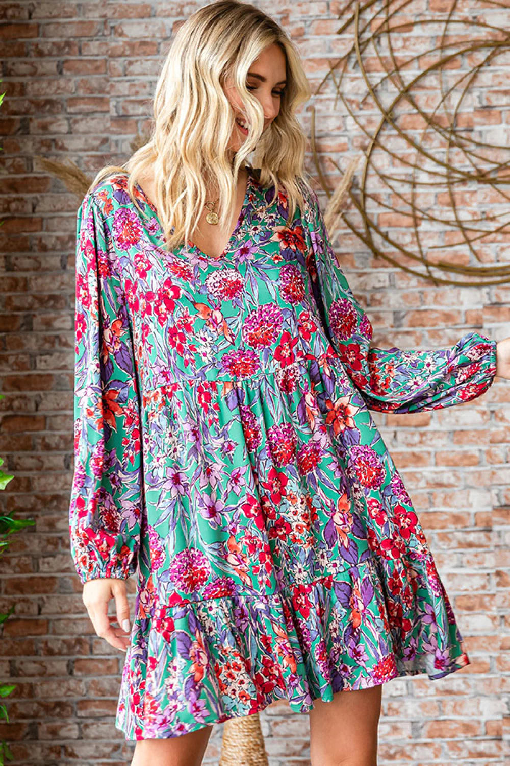 TEAL HOT PINK FLOWERS LONGSLEEVE TIERED DRESS
