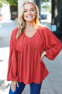 RUST SWEETHEART VNECK WOVEN BABYDOLL LONG SLEEVE BUBBLE TOP