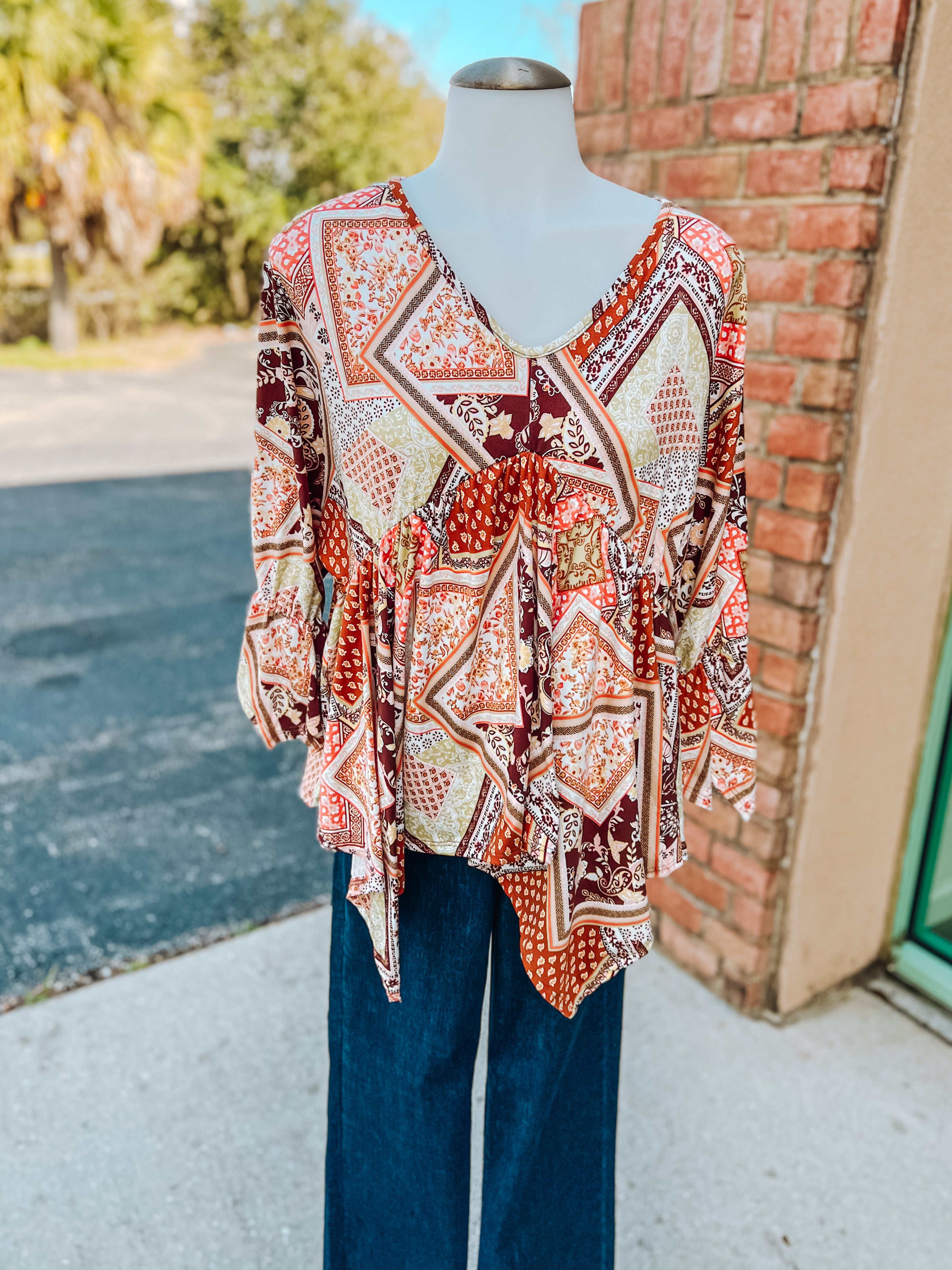 Rust Sepia Boho Sharkbite 3/4 Sleeve Top