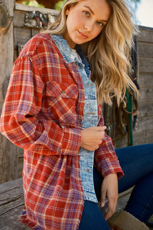 RED PLAID DENIM LAYERED HOODIE TOP-PLUS