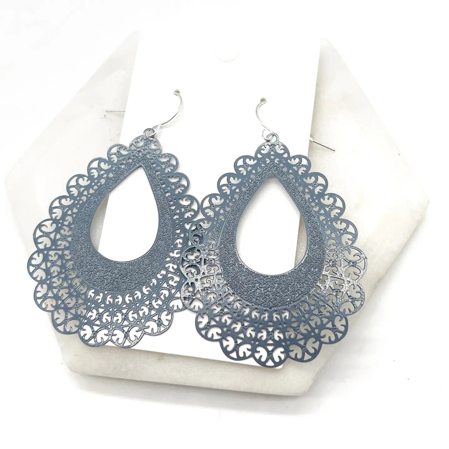 GREY FLOURISH TEARDROP METAL STATEMENT HANDMADE BBB EARRINGS