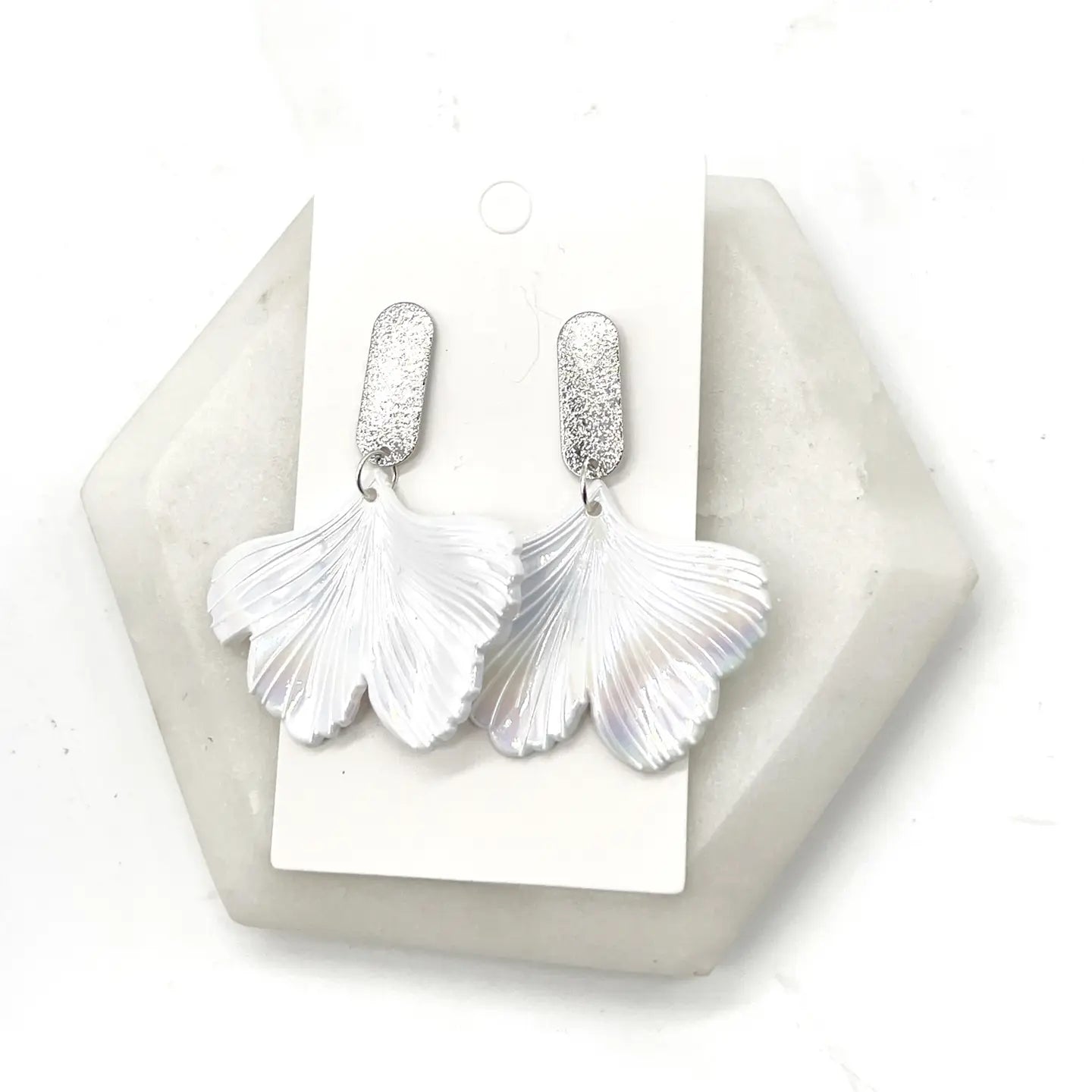 IRIDESCENT WHITE PEARL GINGKO LEAF STATEMENT HANDMADE BBB EARRINGS