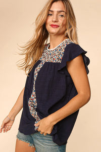 NAVY FLORAL EMBROIDERED YOKE WOVEN TOP-PLUS