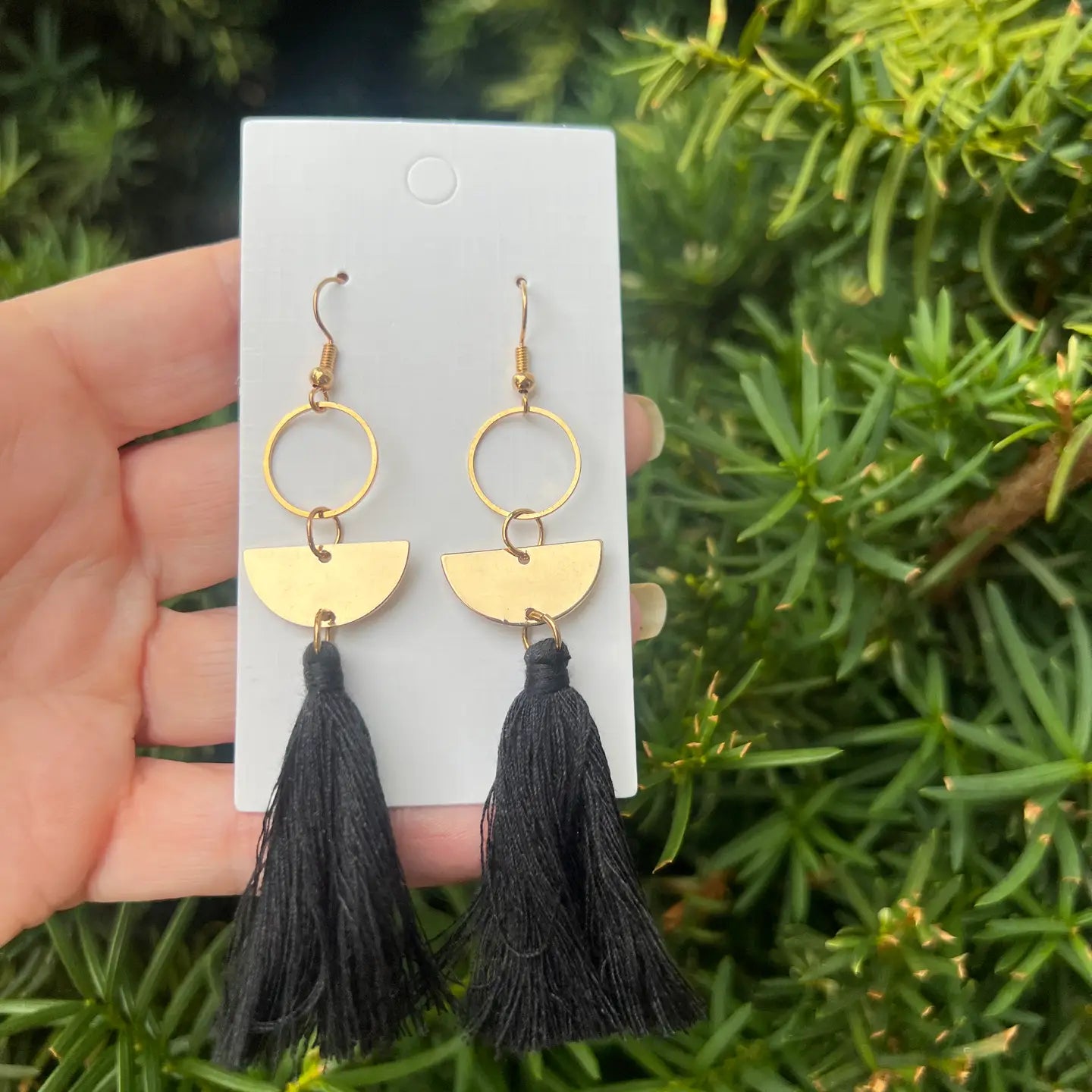 GOLD SEMI CIRCLE BLACK TASSEL STATEMENT HANDMADE BBB EARRINGS