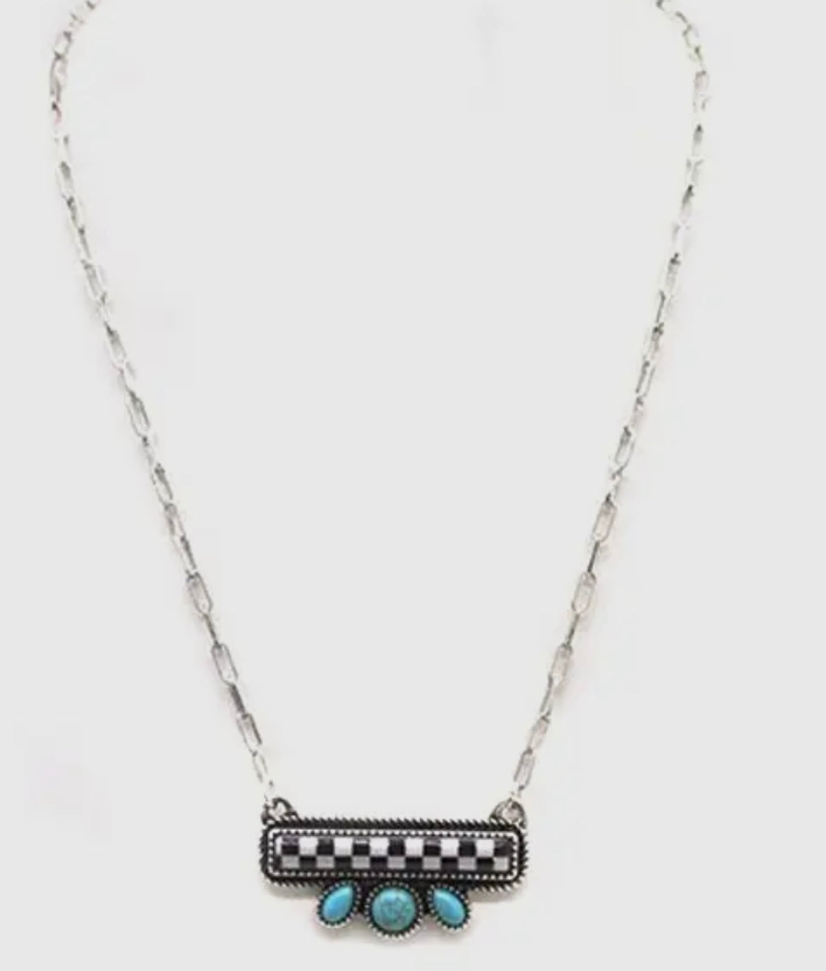 WESTERN CHECKERED HORIZONTAL BAR 3 TURQUOISE STONES NECKLACE