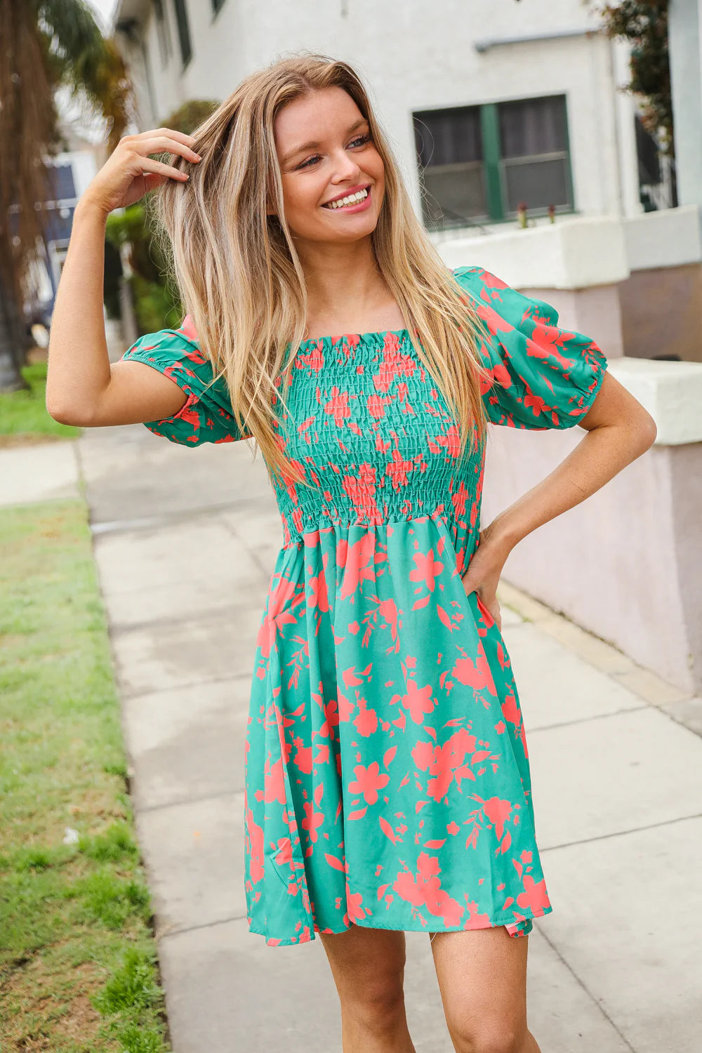 TEAL CORAL FLORAL SMOCKED DRESS-PLUS