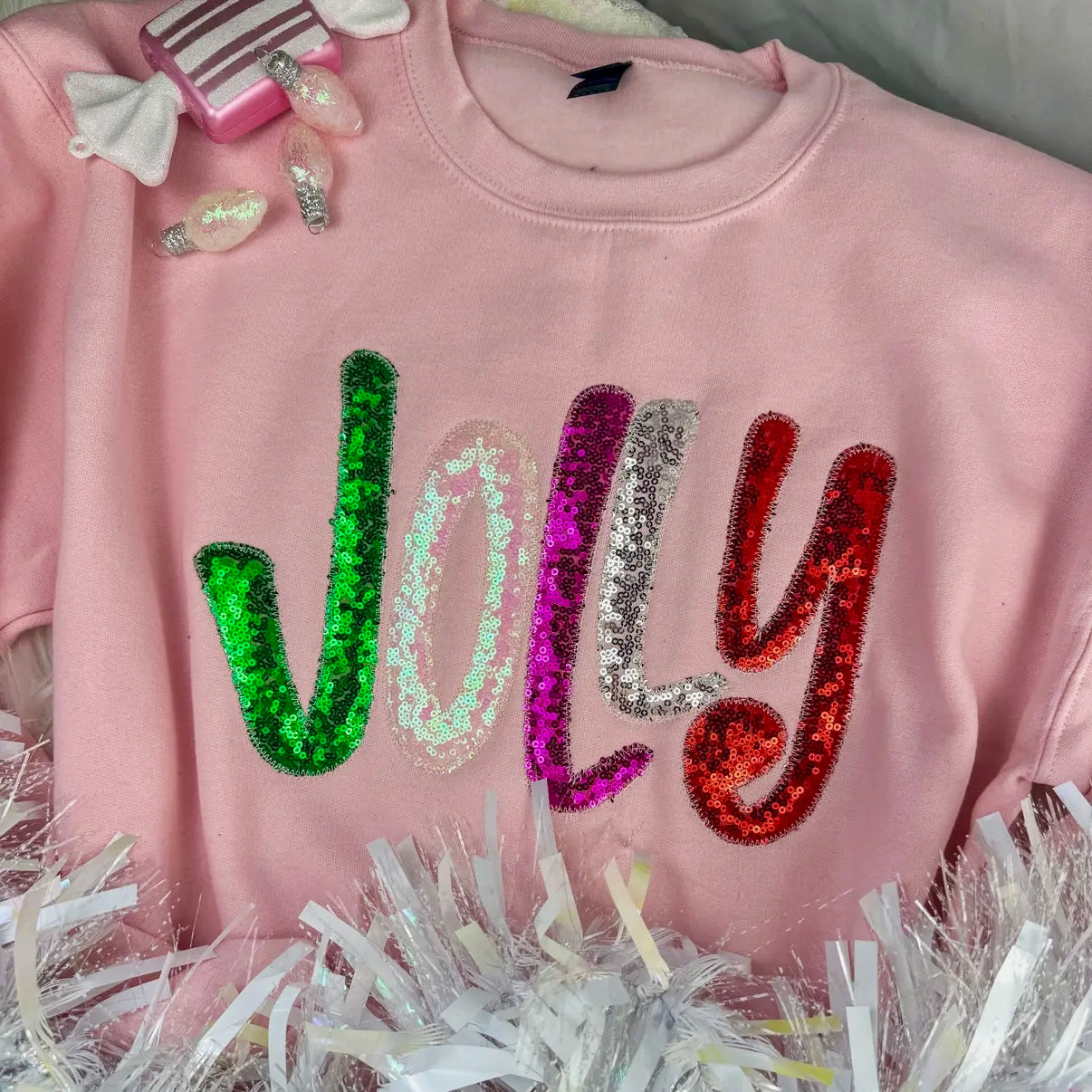 PINK SWEATSHIRT "JOLLY" SEQUINS MULTI COLORED CHRISTMAS HANDMADE APPLIQUED