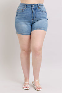 MEDIUM WASH HIGH WAIST TUMMY CONTROL COOL DENIM DOUBLE WAISTBAND SHORTS BY JUDY BLUE-PLUS