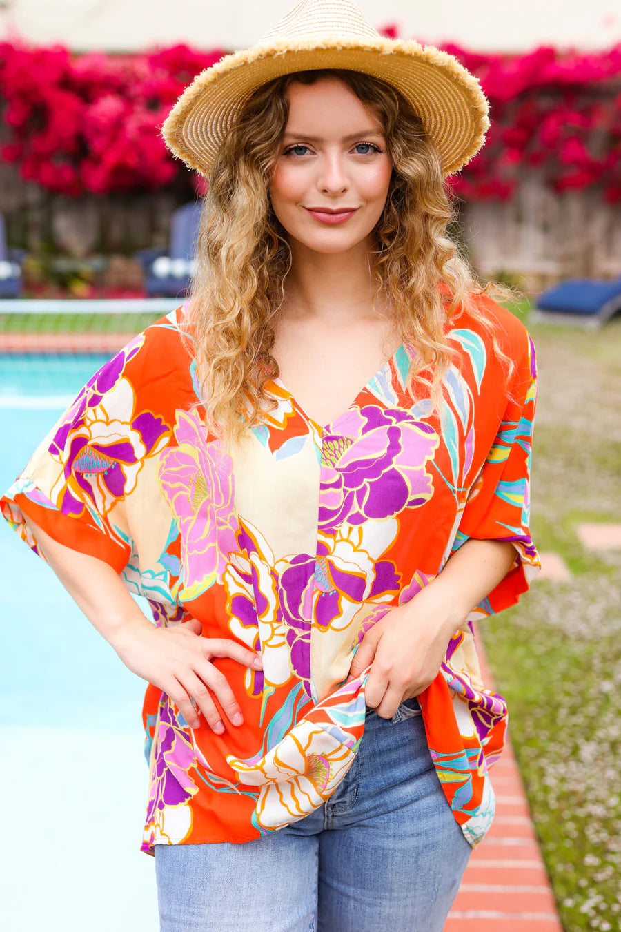 CORAL MULTI FLORAL TOP -PLUS