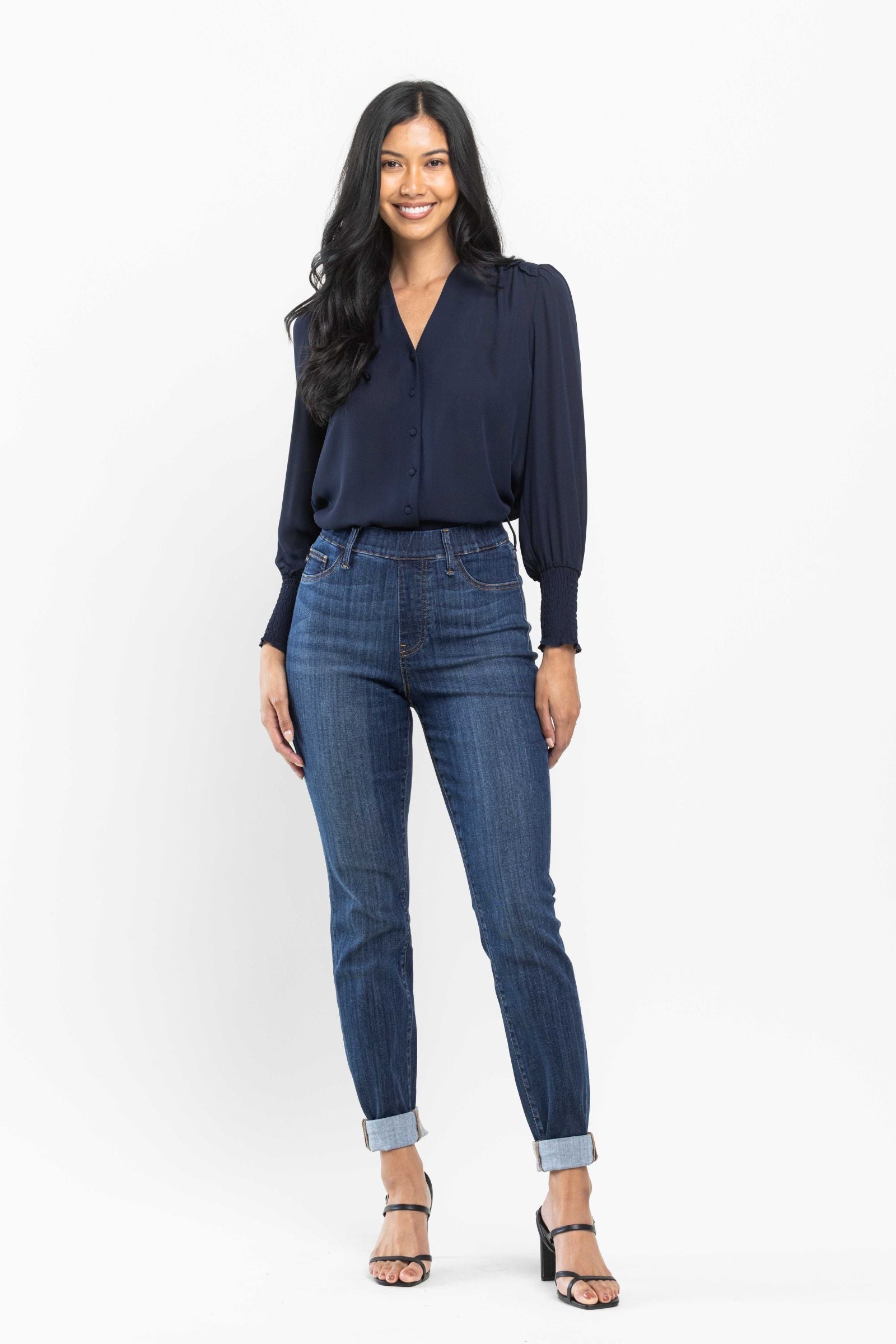 Darkwash High Waist Judy Blue Double Cuff Slim Fit Pull On Denim- SIZE 1 left.