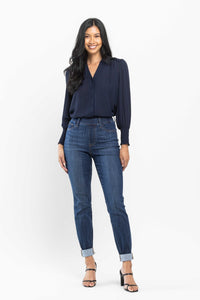 Darkwash High Waist Judy Blue Double Cuff Slim Fit Pull On Denim- SIZE 1 left.