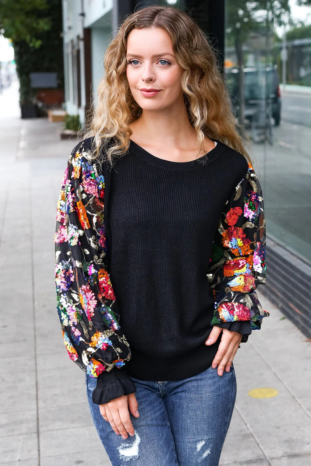 BLACK DIVA DREAMS FLORAL SEQUIN MESH RIB KNIT BLOUSE