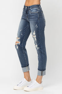 MID RISE CUFFED DESTROYED BOYFRIEND MEDIUM WASH JUDY BLUE DENIM