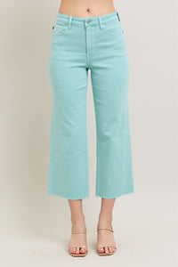 LIGHT BLUE SKY HIGH WAIST GARMENT DYED RAW HEM CROP WIDE LEG JUDY BLUE DENIM-PLUS