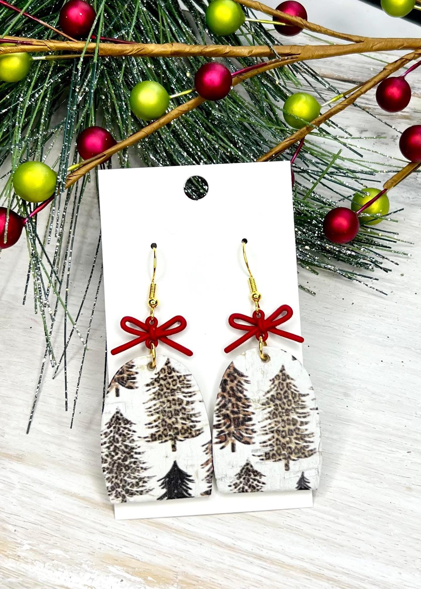 LEOPARD PRINT CHRISTMAS TREES WITH RED METAL BOWS HANDMADE EARRINGS BY B.O.D