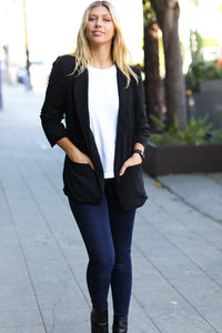 BLACK NOTCHED LAPEL RUCHED SLEEVE BLAZER-PLUS