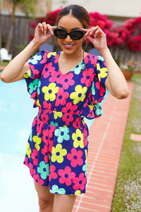 NAVY PINK MAGENTA YELLOW WHITE FEELING BOLD FLORAL SMOCKED WAIST FLUTTER ROMPER-PLUS