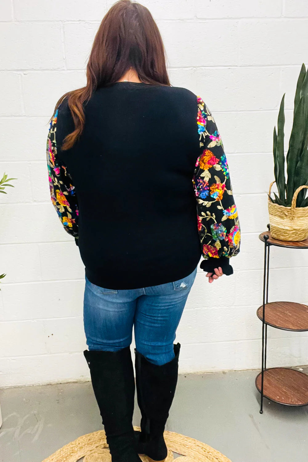 BLACK DIVA DREAMS FLORAL SEQUIN MESH RIB KNIT BLOUSE