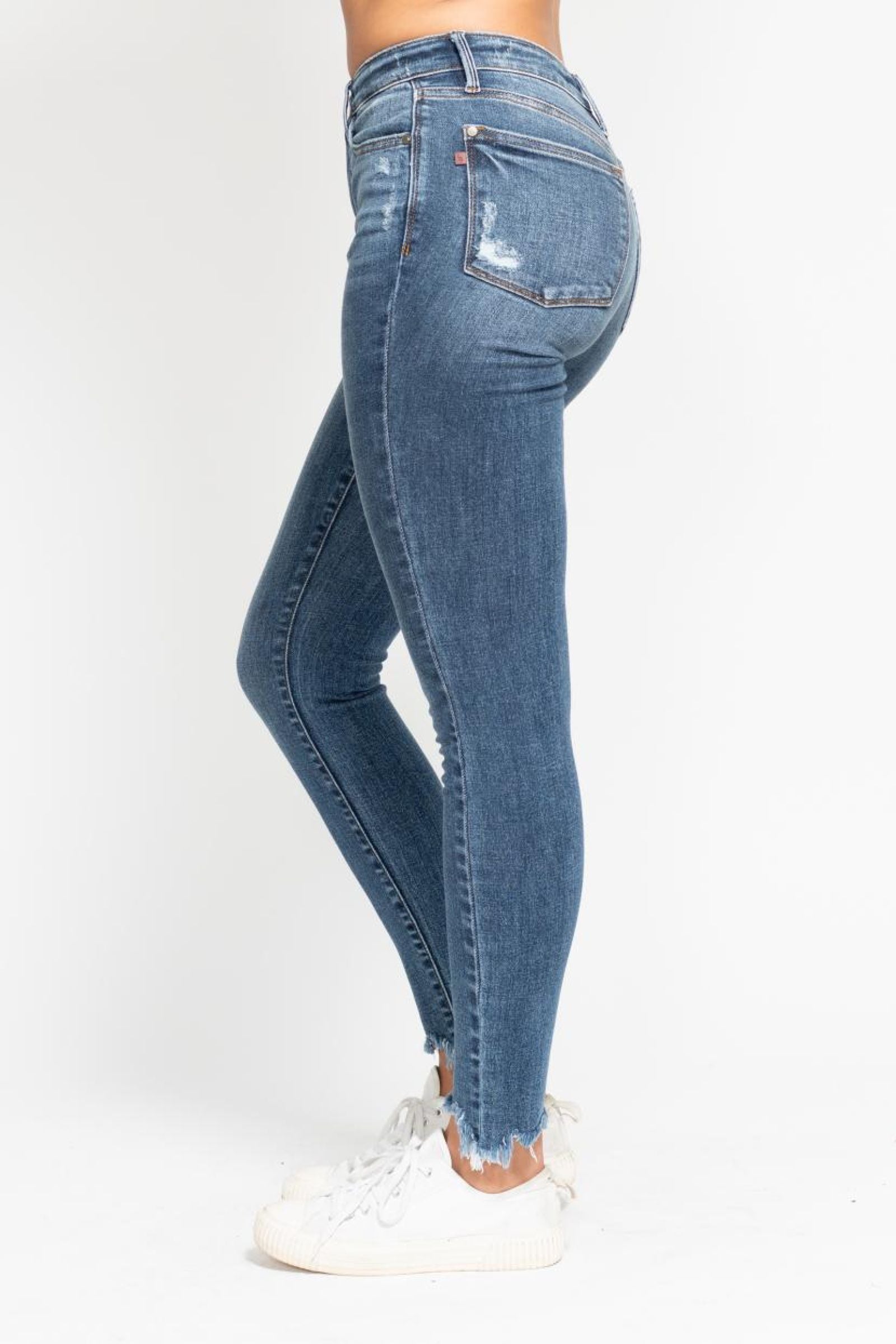 HIGH WAIST MEDIUM WASH SHARKBITE HEM SKINNY WITH DESTROY JUDY BLUE DENIM
