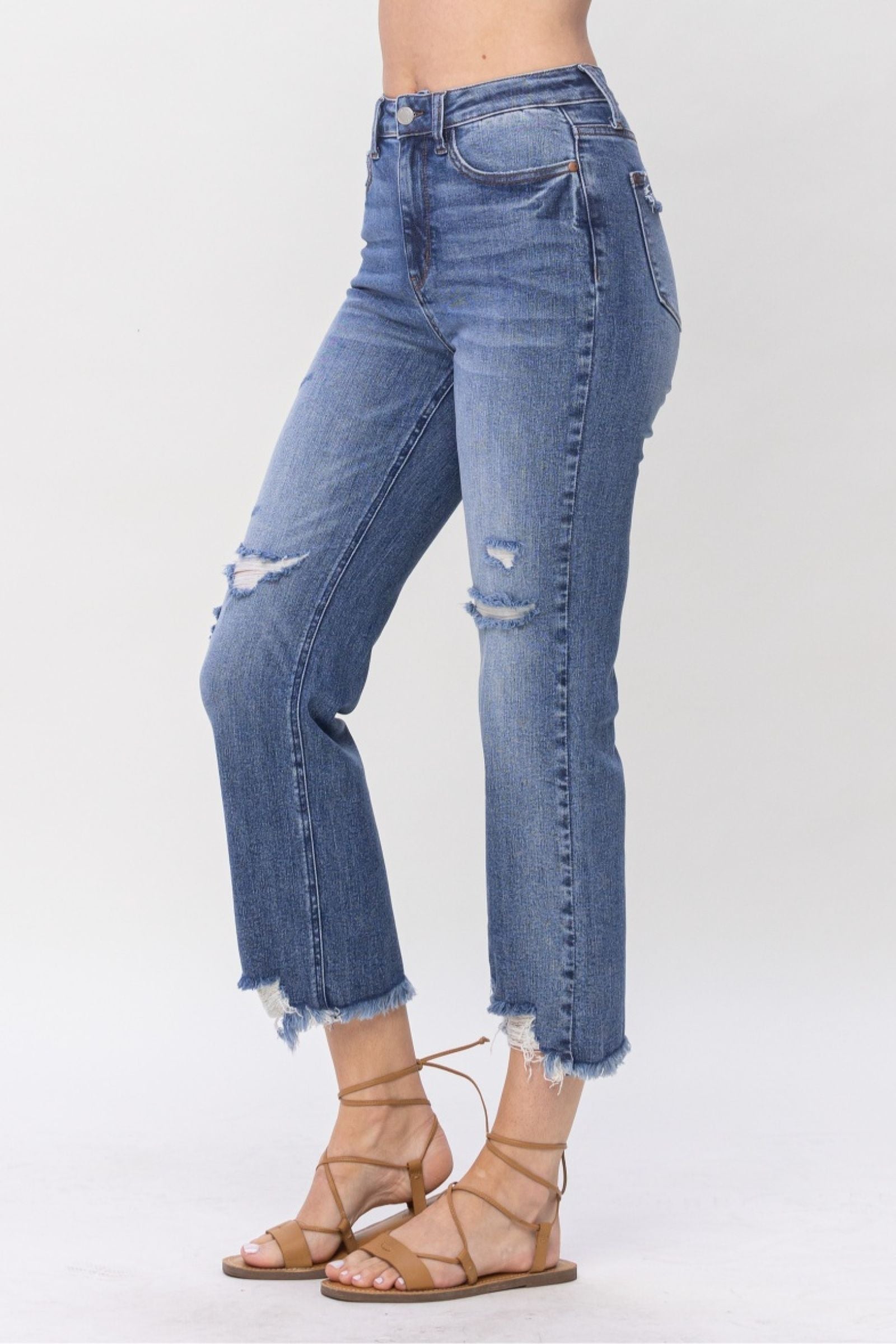 MEDIUM WASH HIGH WAIST DESTROYED CROPPED STRAIGHT JUDY BLUE DENIM-PLUS