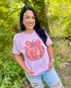 DISCO BALL FAUX-SEQUIN PUMPKIN PINK TEE