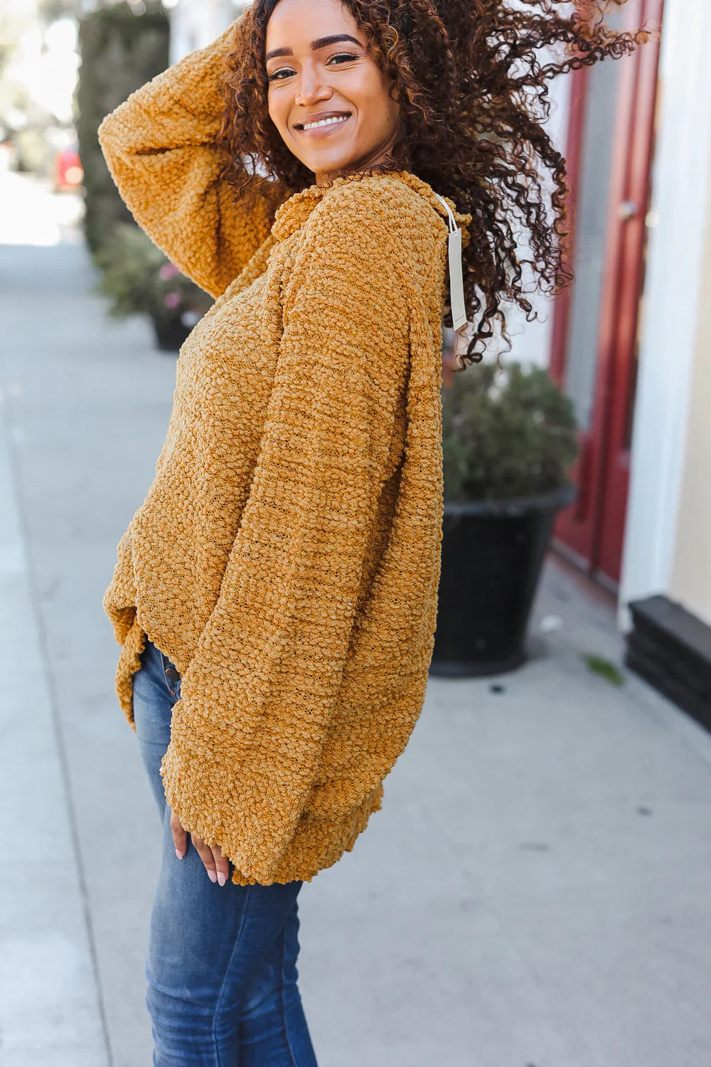 MUSTARD BUTTERSCOTCH THICK POPCORN COWL NECK SWEATER - PLUS