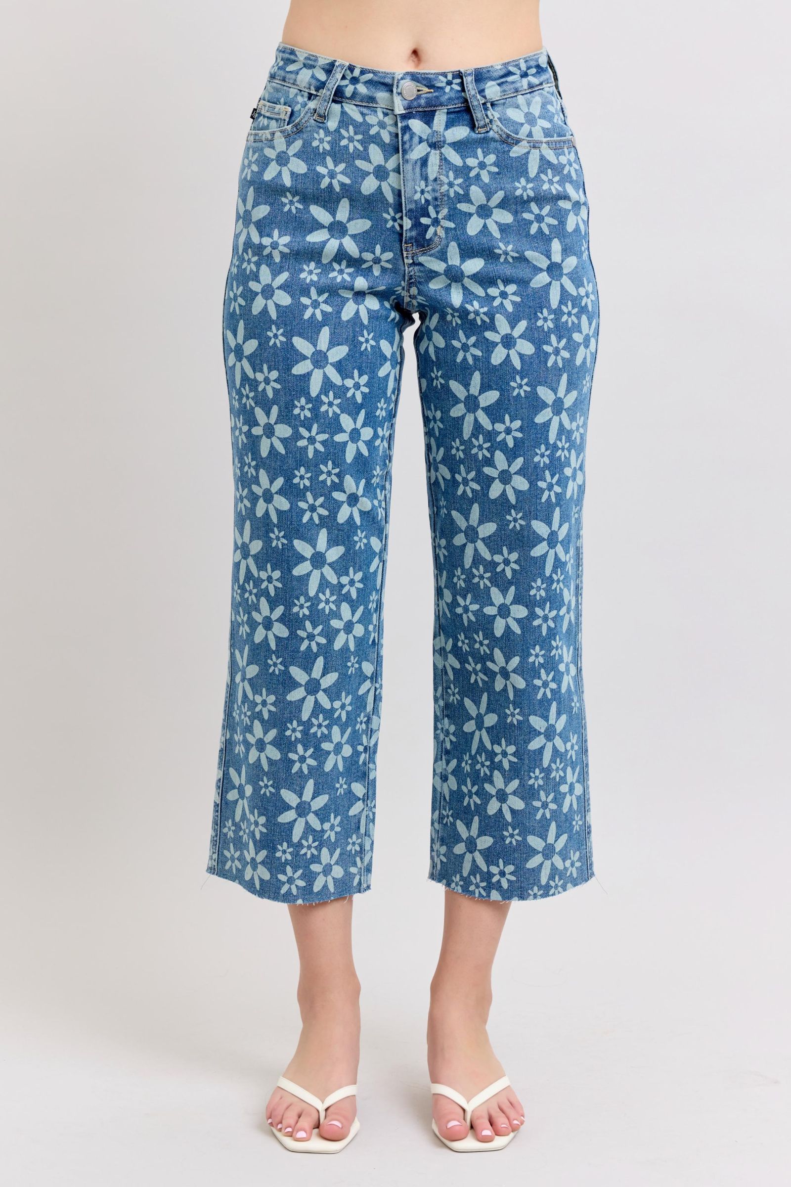 HIGH WAIST FLOWER PRINT CROPPED WIDE LEG JUDY BLUE DENIM MEDIUM WASH