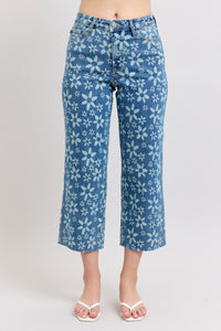 HIGH WAIST FLOWER PRINT CROPPED WIDE LEG JUDY BLUE DENIM MEDIUM WASH