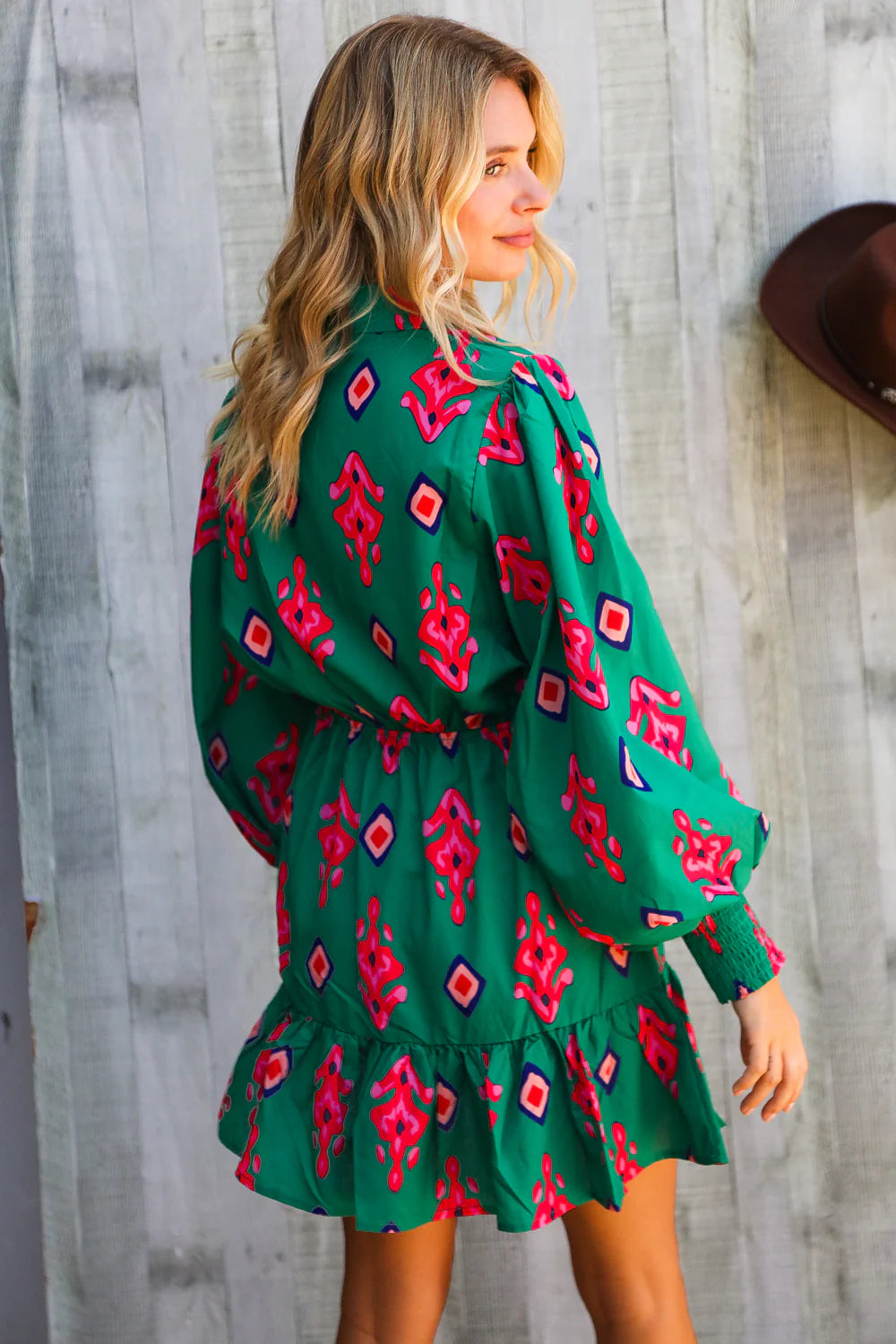 ROYAL GREEN PINK MULTI AZTEC TRIBAL SMOCKED CUFF SLEEVES LONGSLEEVE DRESS