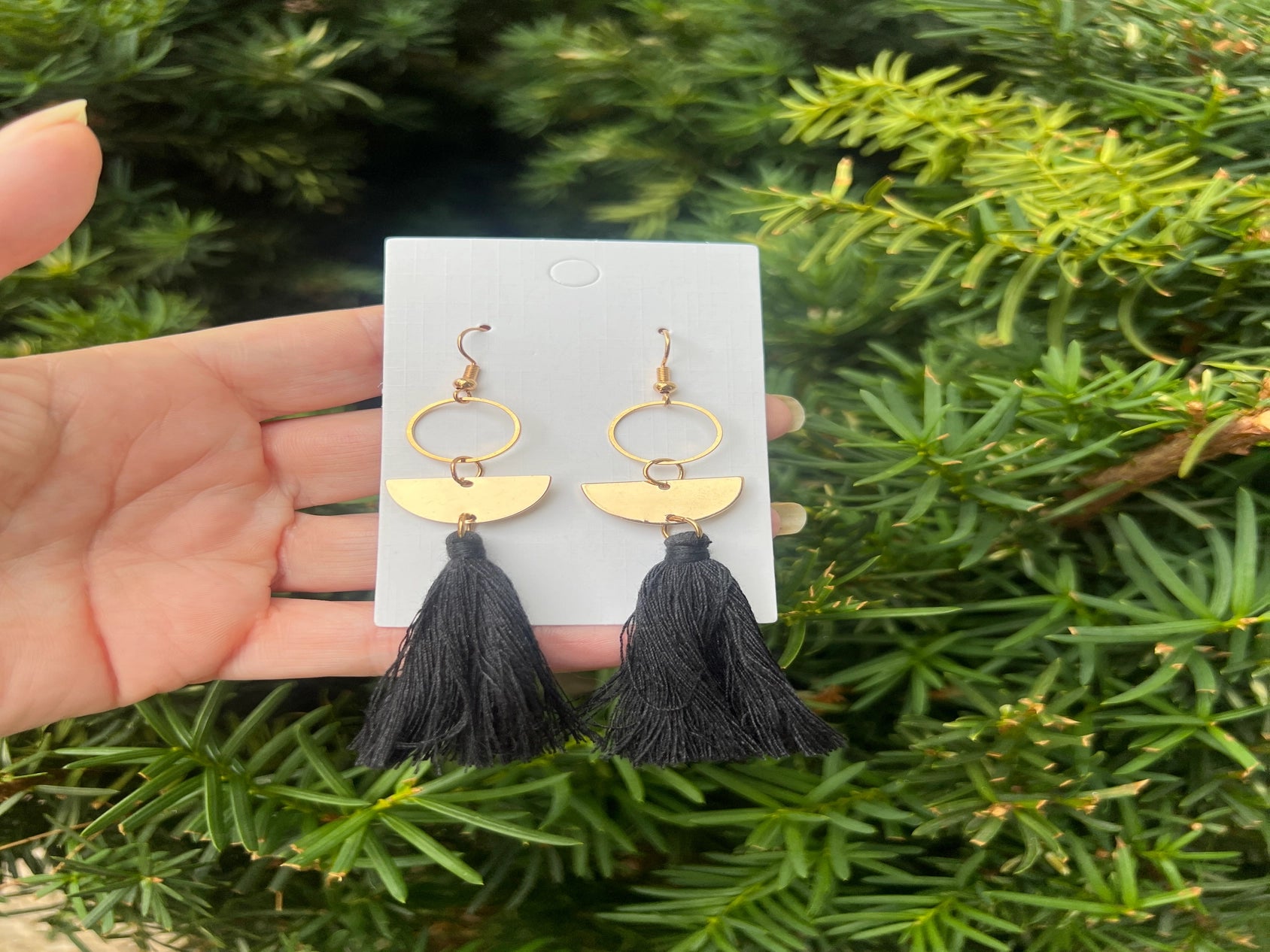 GOLD SEMI CIRCLE BLACK TASSEL STATEMENT HANDMADE BBB EARRINGS