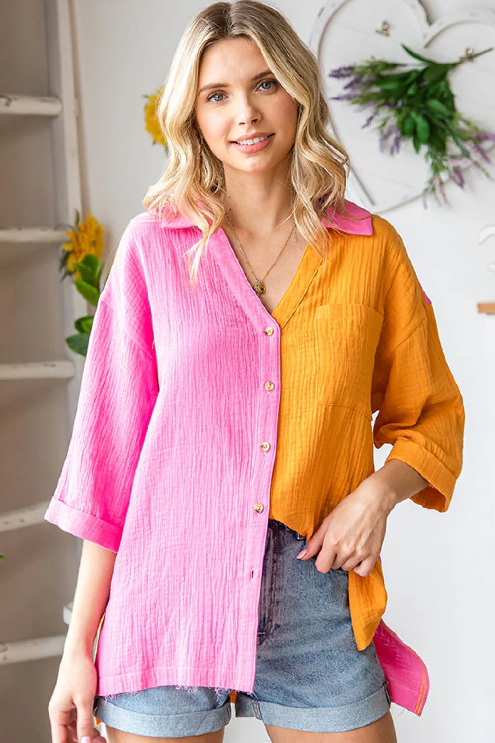 FUCHSIA ORANGE COLORBLOCK COLLARED BUTTON DOWN COTTON-GAUZE-LIKE MATERIAL FRONT POCKET TOP