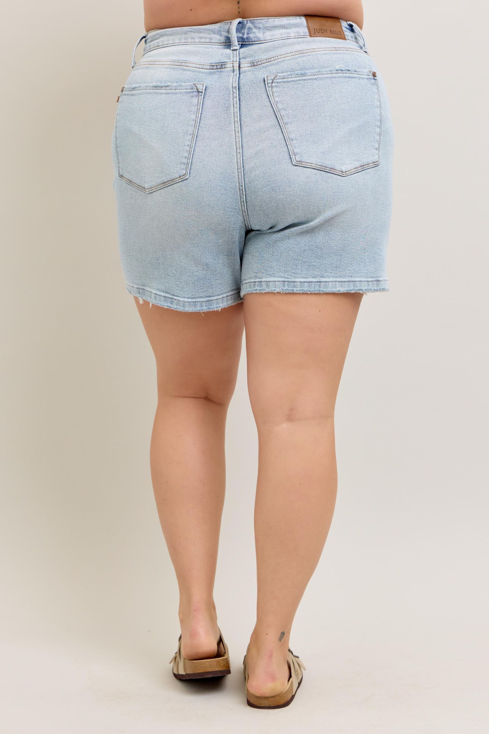HIGH WAIST RIGID MAGIC LIGHT WASH DENIM SHORTS BY JUDY BLUE