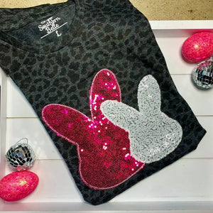 EASTER BUNNY SILVER PINK SEQUINS BLACK LEOPARD TEE HANDMADE APPLIQUED