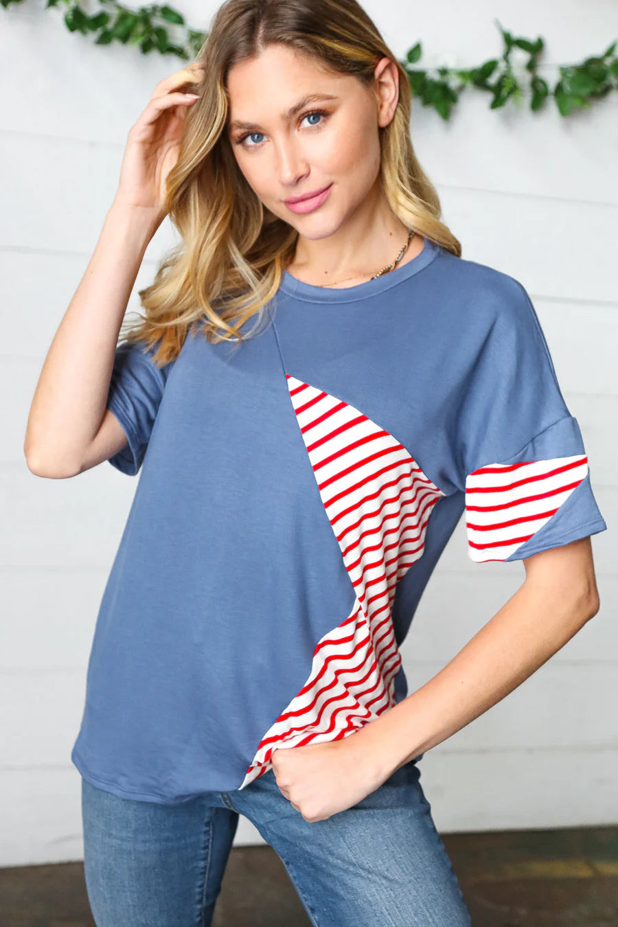 RED BLUE STAR STRIPE DETAIL FRENCH TERRY PATRIOTIC TOP-PLUS