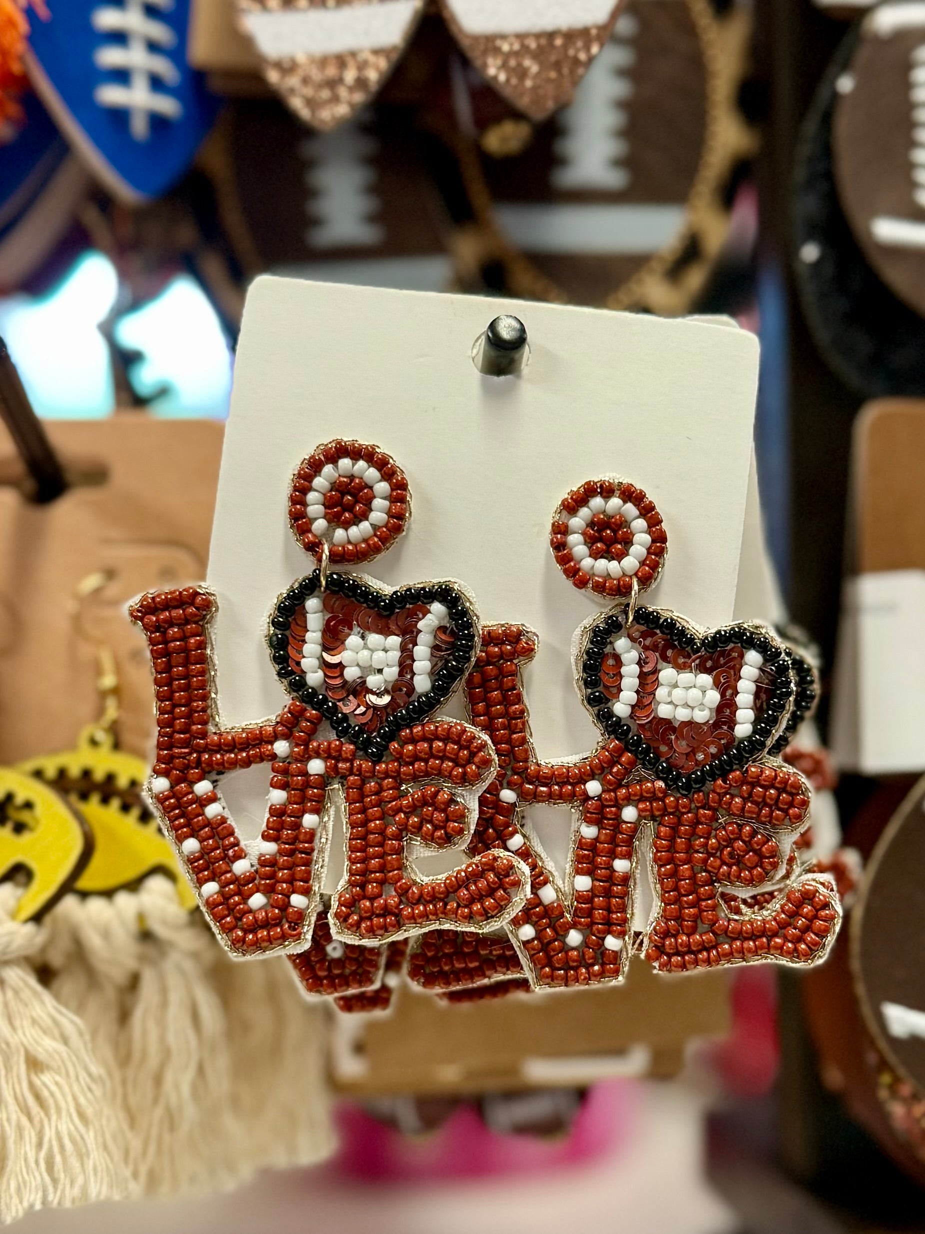 LOVE FOOTBALL SEEDBEAD EARRINGS