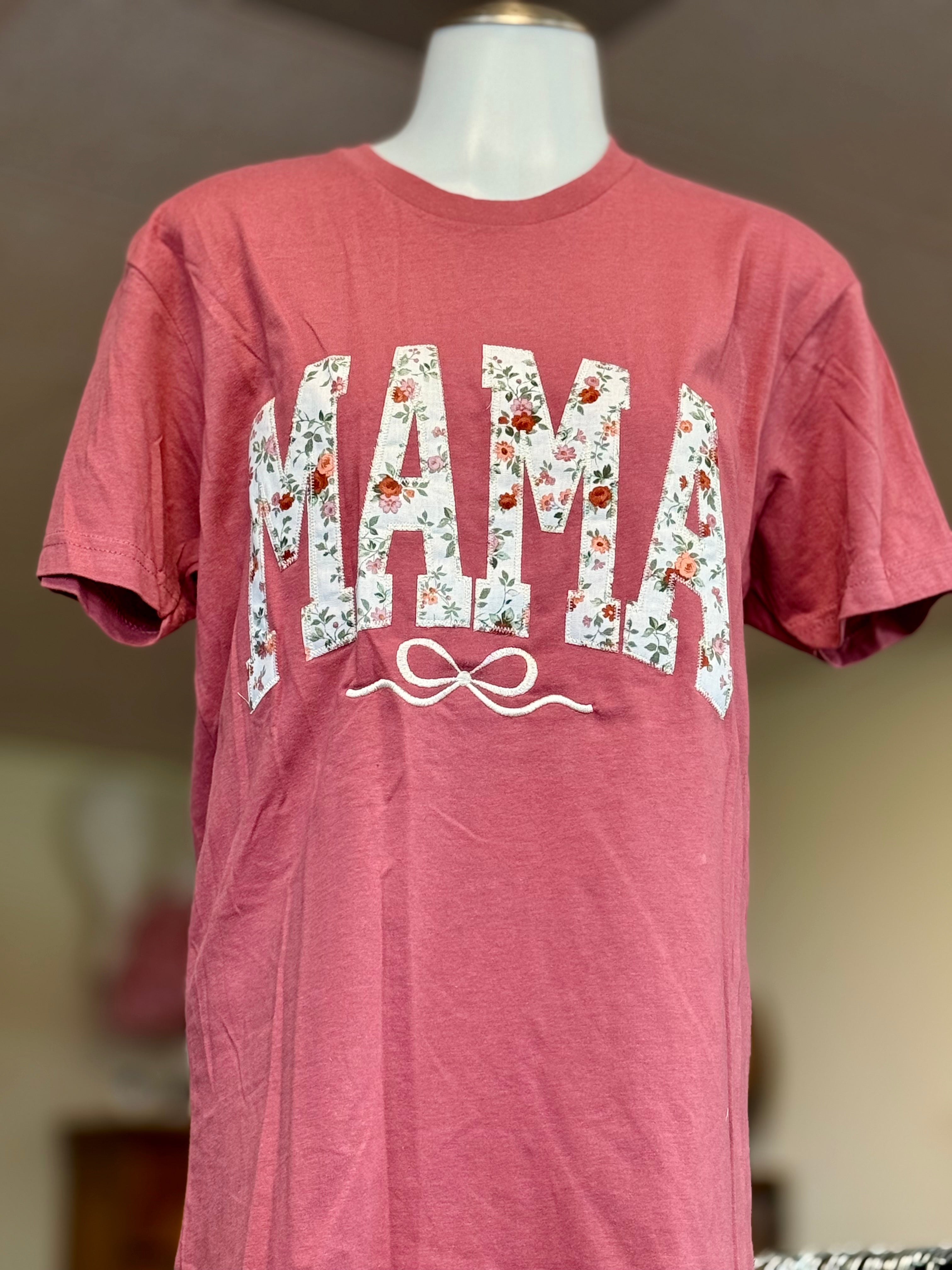 MAMA FLORAL PRINT WITH BOW EMBROIDERED APPLIQUED MAUVE TEE