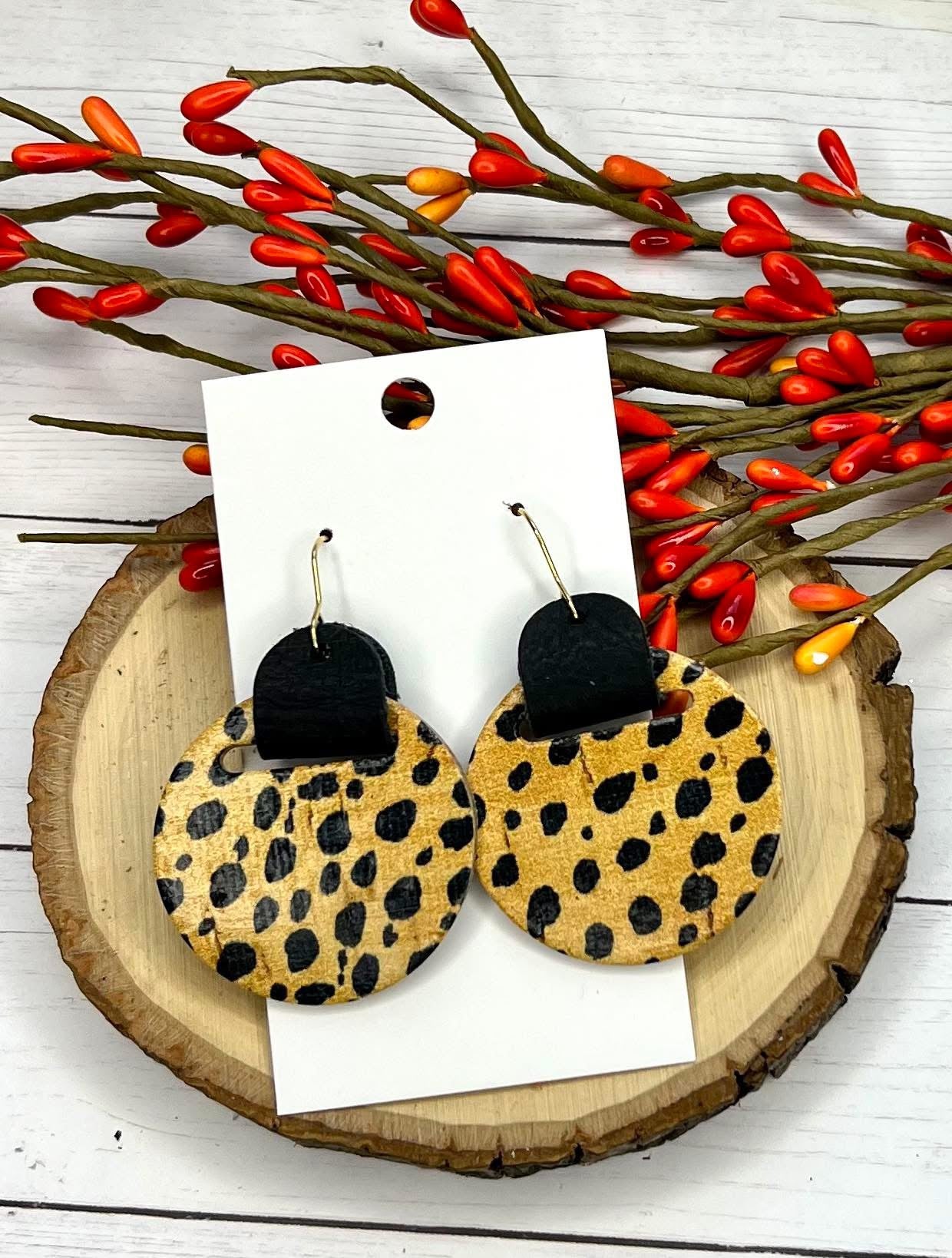 BLACK & COGNAC BROWN TWO TIER HANDLE WITH LEOPARD PRINT CIRCLES LEATHER LIGHTWEIGHT HANDMADE EARRINGS BY B.O.D