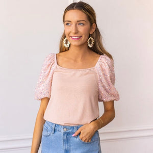 Rose Quartz Blush Sparkle Puff Sleeve Sequins Top