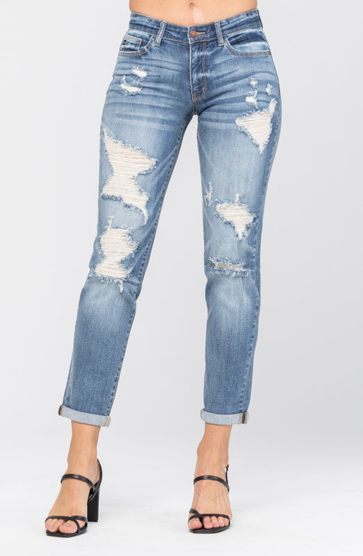 Mid Rise Destroyed Boyfriend Medium Wash Judy Blue Denim-PLUS