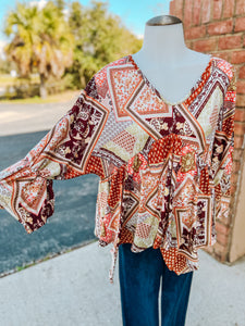 Rust Sepia Boho Sharkbite 3/4 Sleeve Top