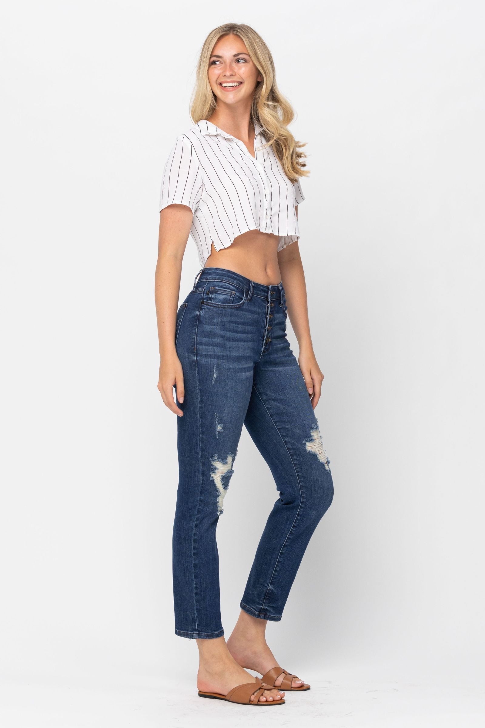 Darkwash High Waist Zig Zag Button Fly Destroyed Boyfriend Judy Blue Denim