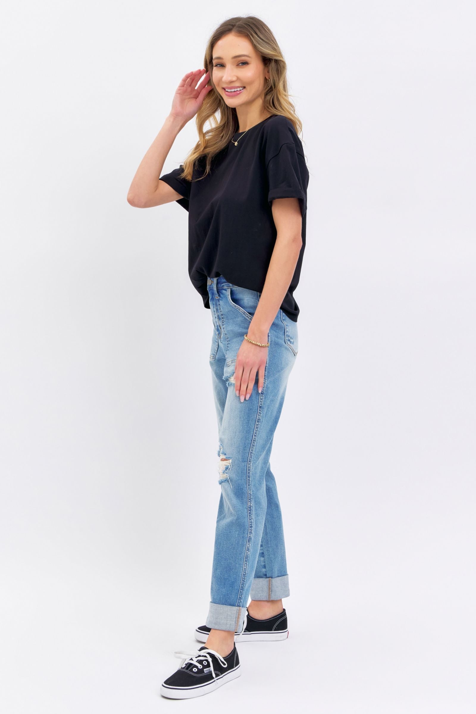 HIGH WAIST PATCH POCKET & DESTROYED BOYFRIEND MEDIUM WASH JUDY BLUE DENIM