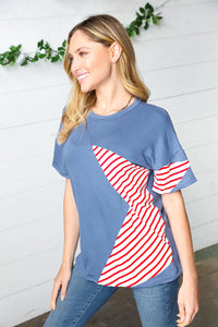 RED BLUE STAR STRIPE DETAIL FRENCH TERRY PATRIOTIC TOP-PLUS