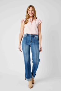 MEDIUM WASH HIGH WAIST FRONT SEAM DETAIL & CUFFED STRAIGHT JUDY BLUE DENIM