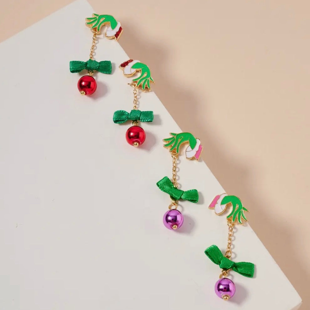 PINK GREEN GRINCH HAND POM POM TASSEL DANGLING EARRINGS